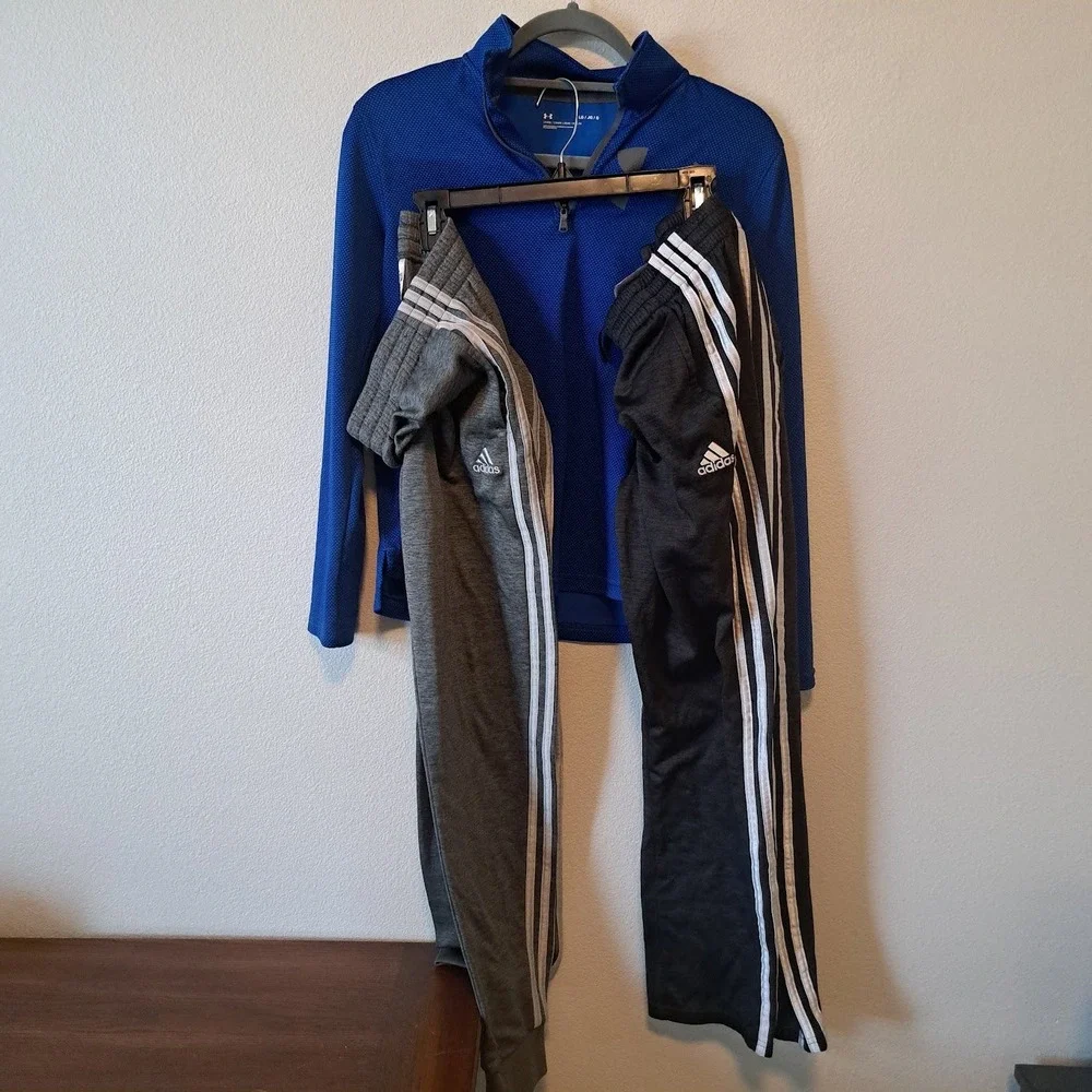 Under Armour Boys Blue 1/4 Zip Pullover & 2 Adidas 3-Stripe Grey Track Pants Lot